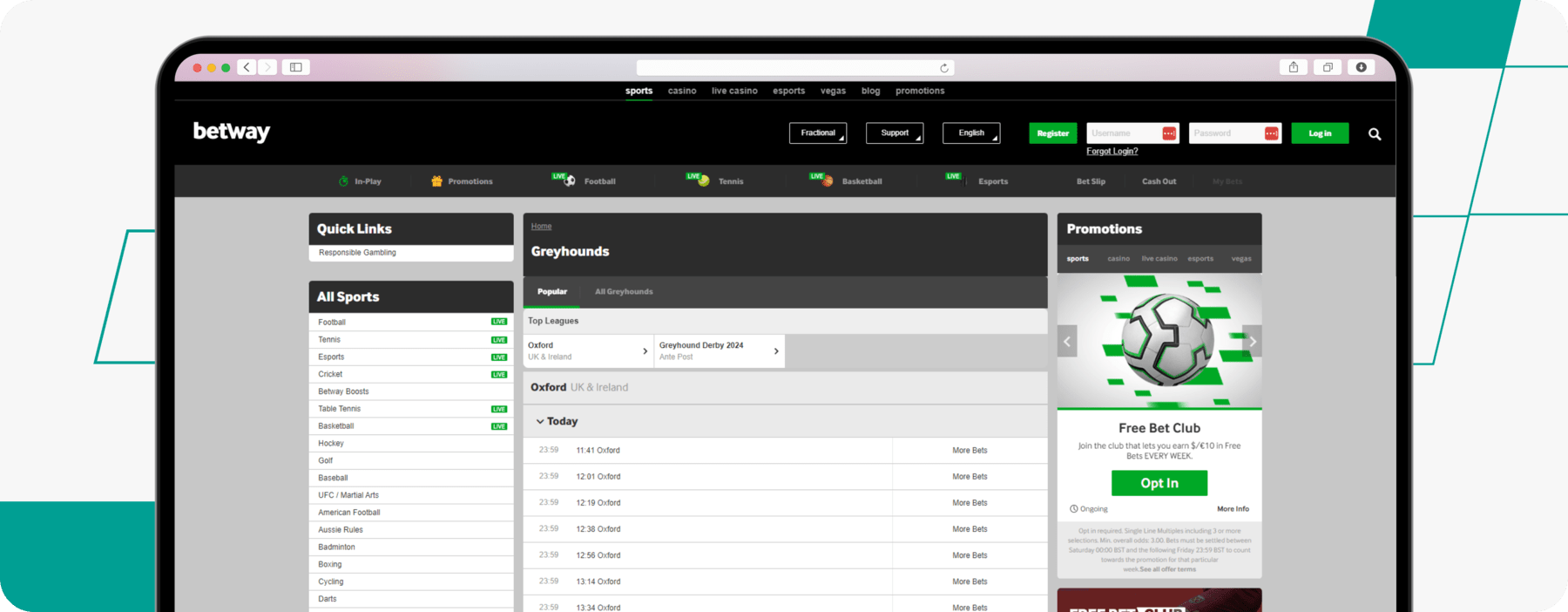 Betway Greyhound Betting desktop screenshot