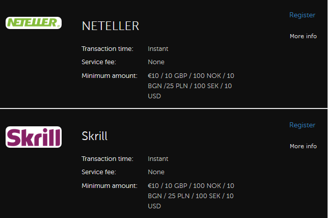 Betsafe Banking - Neteller and Skrill payment details