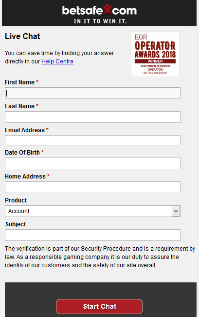 Live Chat form on Betsafe