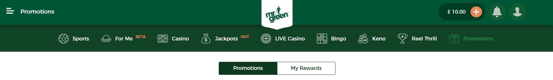 Mr Green Promotions button under site's main navigation bar