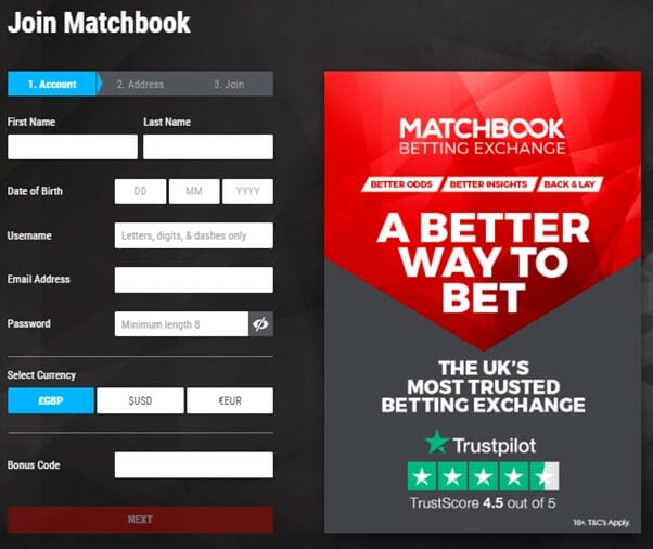 Matchbook Registration Screenshot