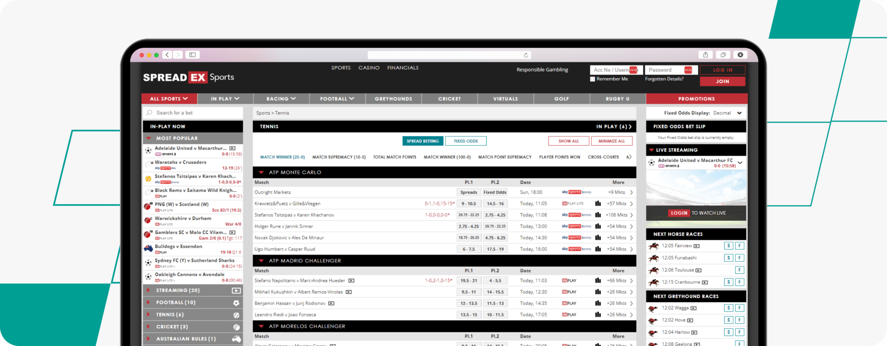 screenshot of spreadex tennis betting page