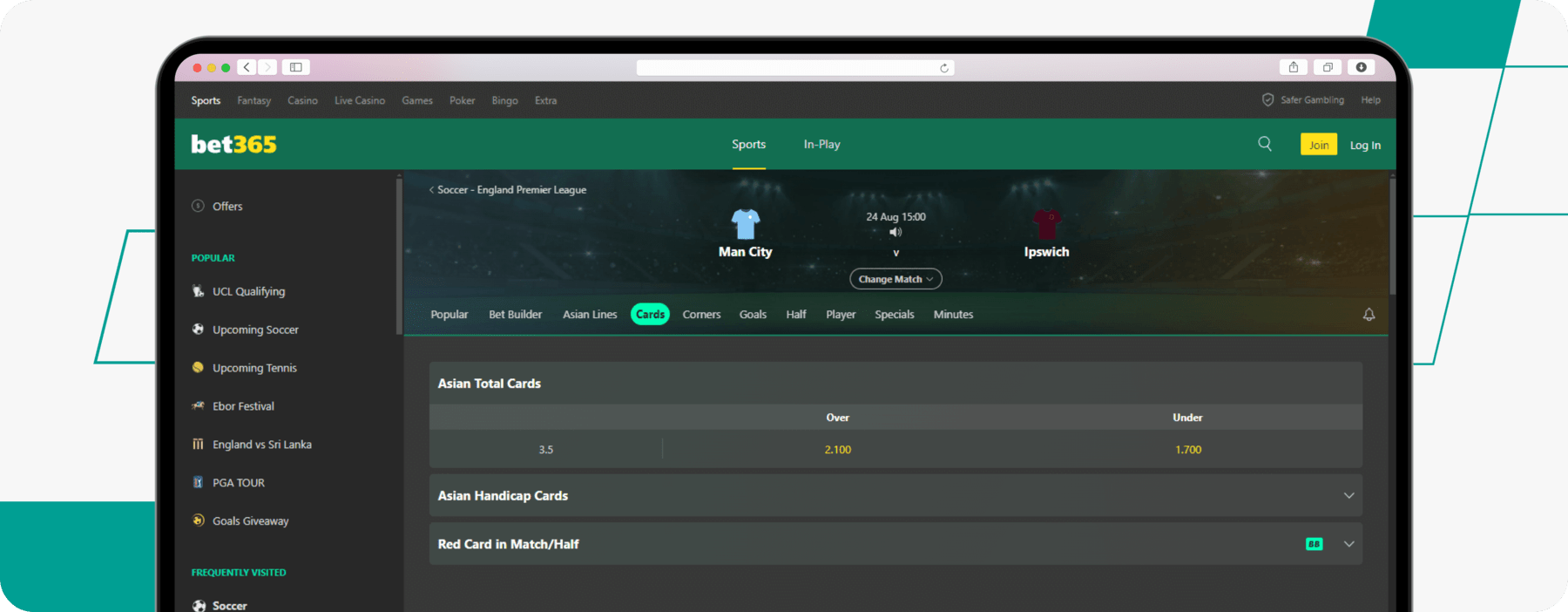 screenshot showing bet365 total cards odds