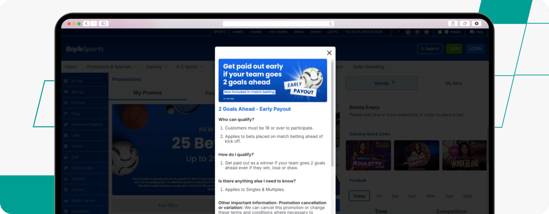 screenshot of boylesports 2 goals ahead offer